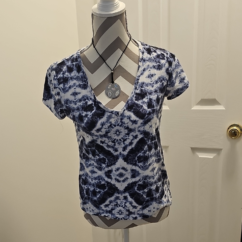 INC International Concepts Navy and White Short Sleeve Top